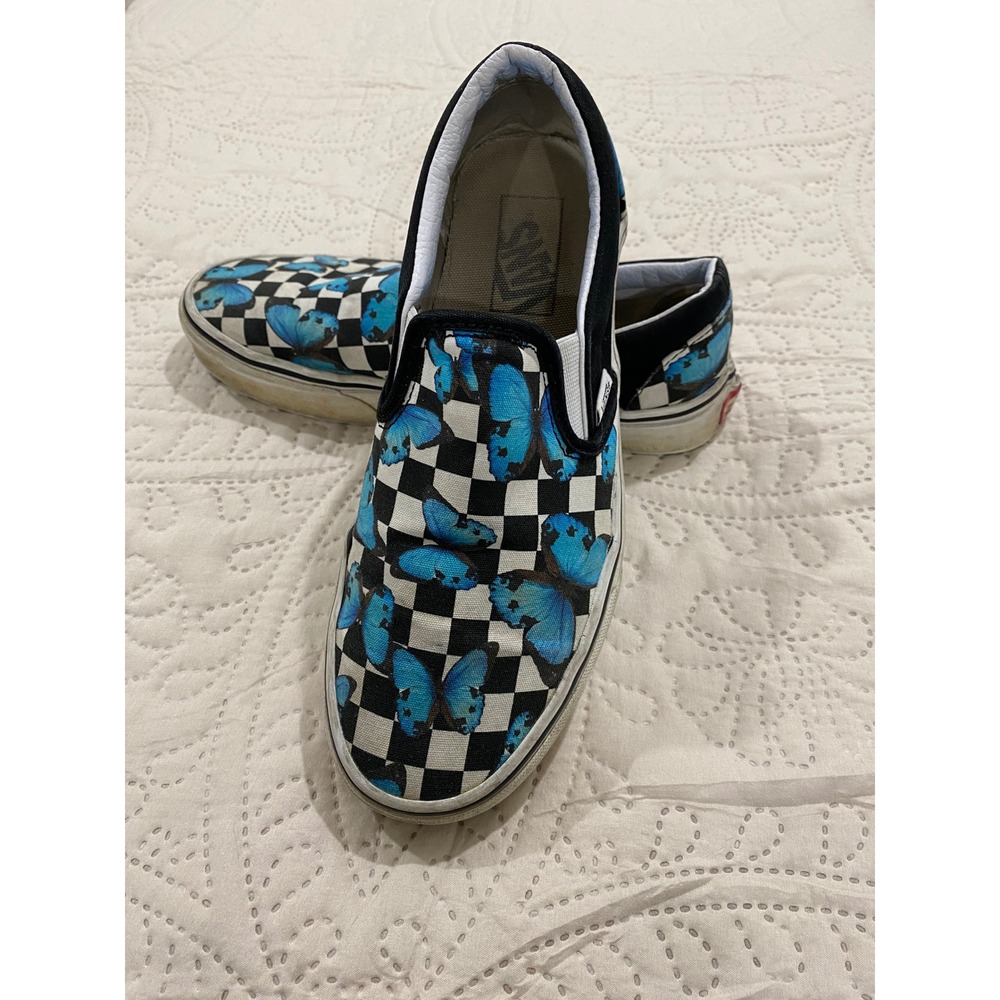 Vans Classic Slip On Women 8‎ Black Blue Butterfly Checkerboard Sneakers Shoes
